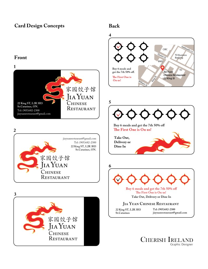 three images. One of business card concepts, aother two with poster design. The designs include a red dragon and the contact info for Jia Yuan Chinese Restaurant of St.Catharines ON.