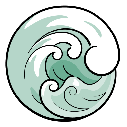 A stylized illustration of ocean waves in a circular design, featuring a combination of curves and swirls in shades of green and white.